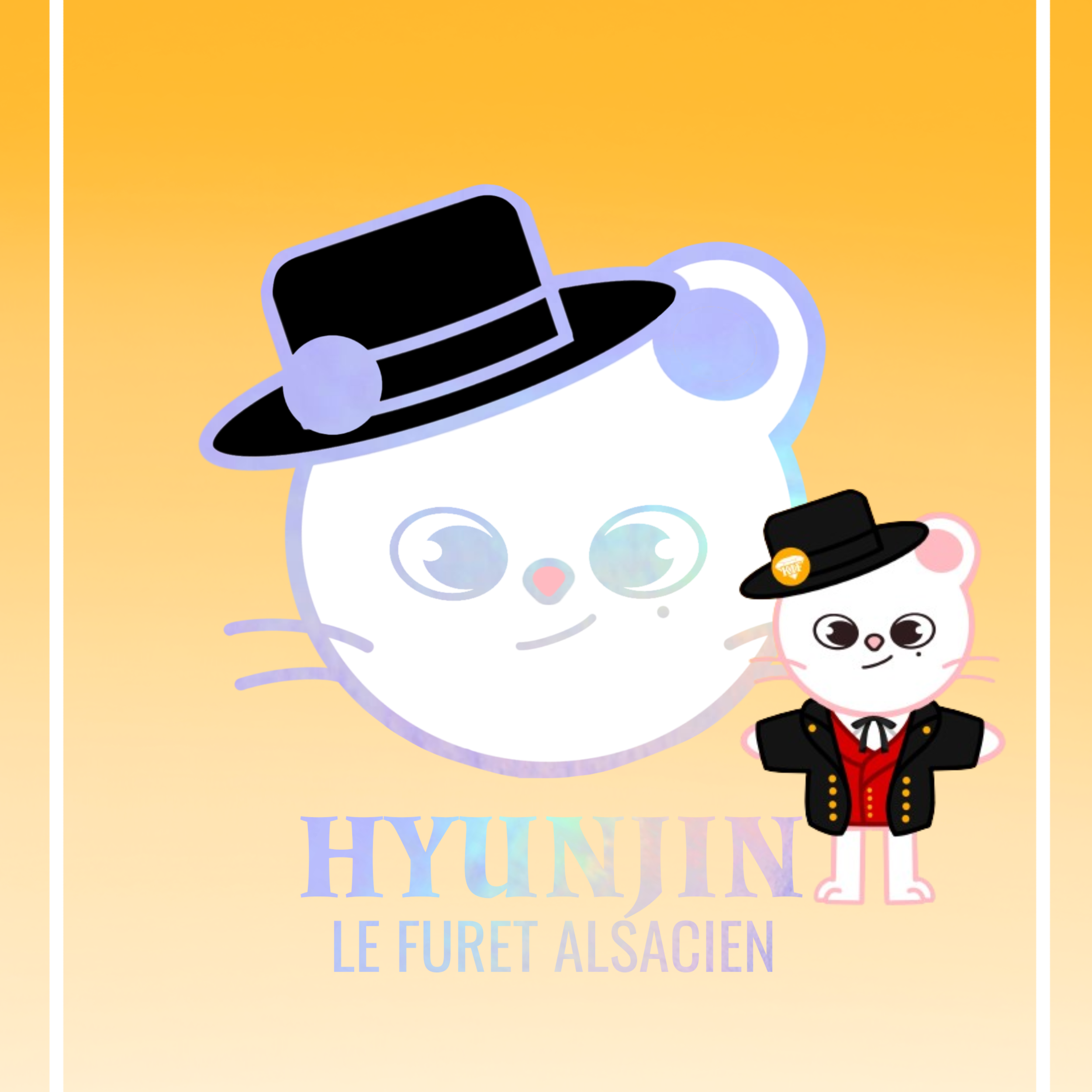 Illustration d'un chat blanc, ce_chat porte un chapeau noir avec un badge orange et une veste rouge avec un motif noir, et un autre chat avec un chapeau noir et une veste noire, debout devant une silhouette de chat avec une arrière-plan dégradé orange et jaune. Texte "HYUNJIN LE FURET ALSACIEN" en dessous.