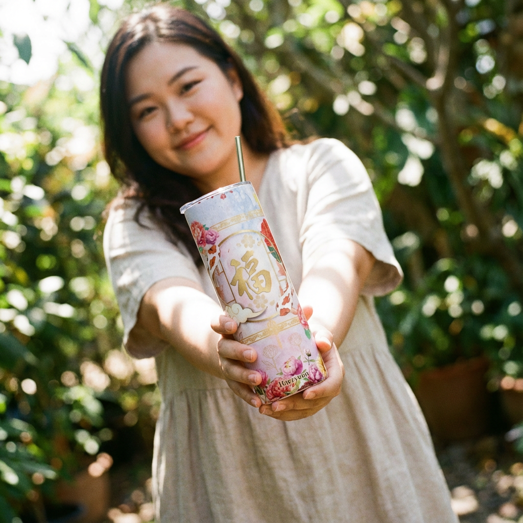 Une femme souriante présente une grande boisson dans un gobelet en carton décoré, dans un jardin en plein air.
