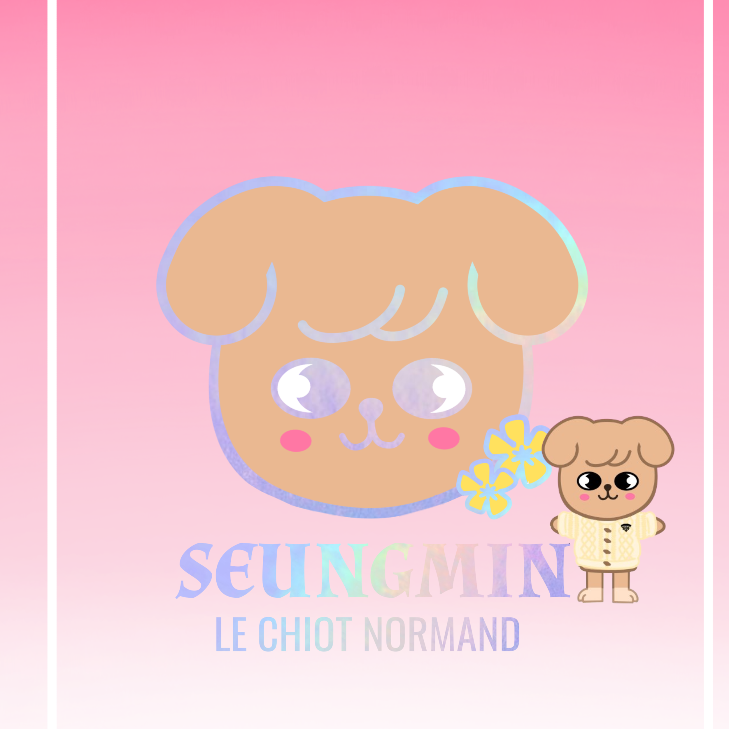 Un dessin mignon d'un chien nommé Seungmin, portant un pull beige, avec un fond dégradé rose, accompagné de fleurs jaunes et d'un petit chien en version miniature, tous avec des traits de style kawaii.
