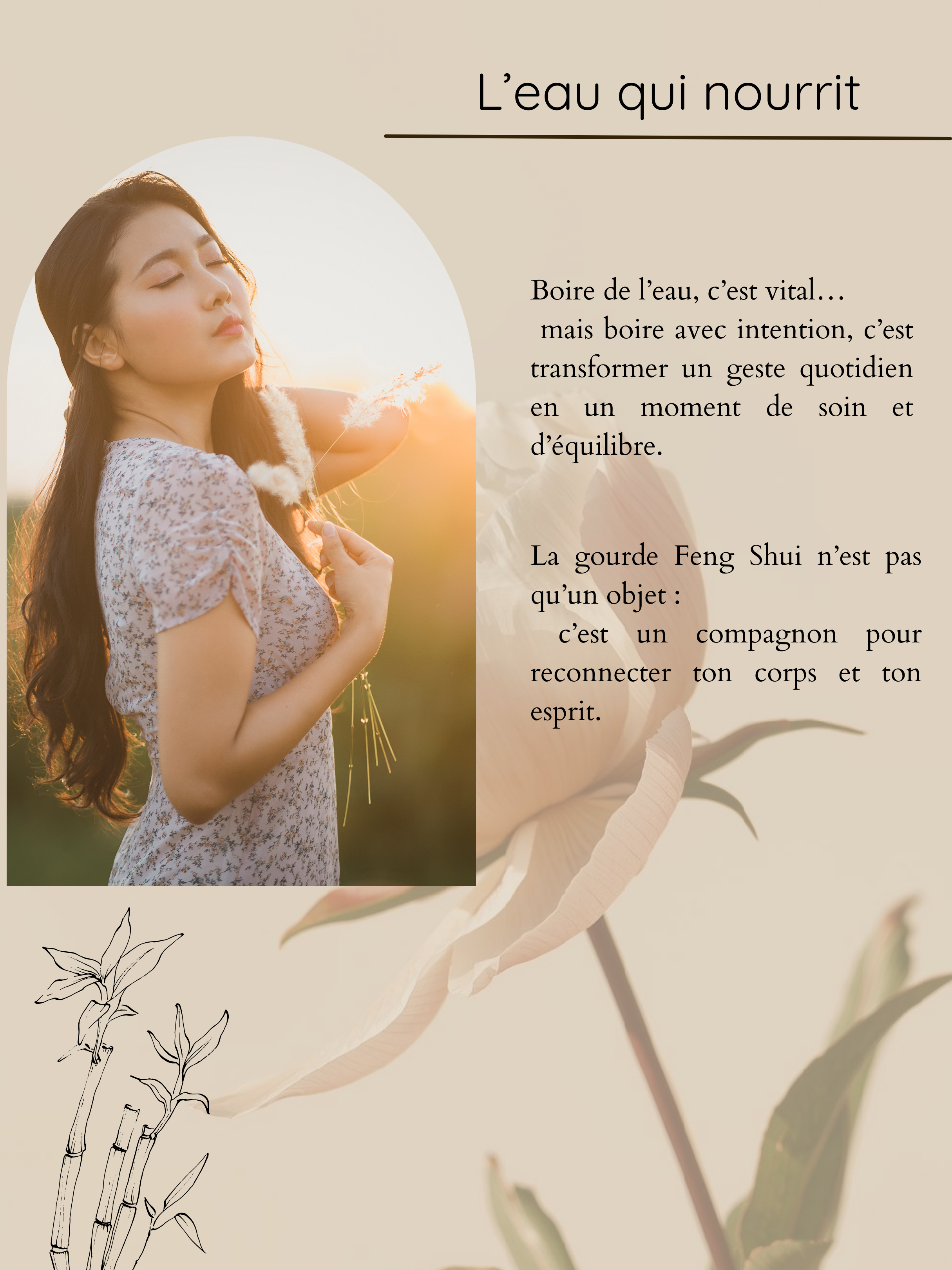 Une femme aux longs cheveux marron ferme les yeux en tenant une plante en fleurs dans ses mains, avec un fond de lumière douce et un texte en français sur la santé et l'équilibre.