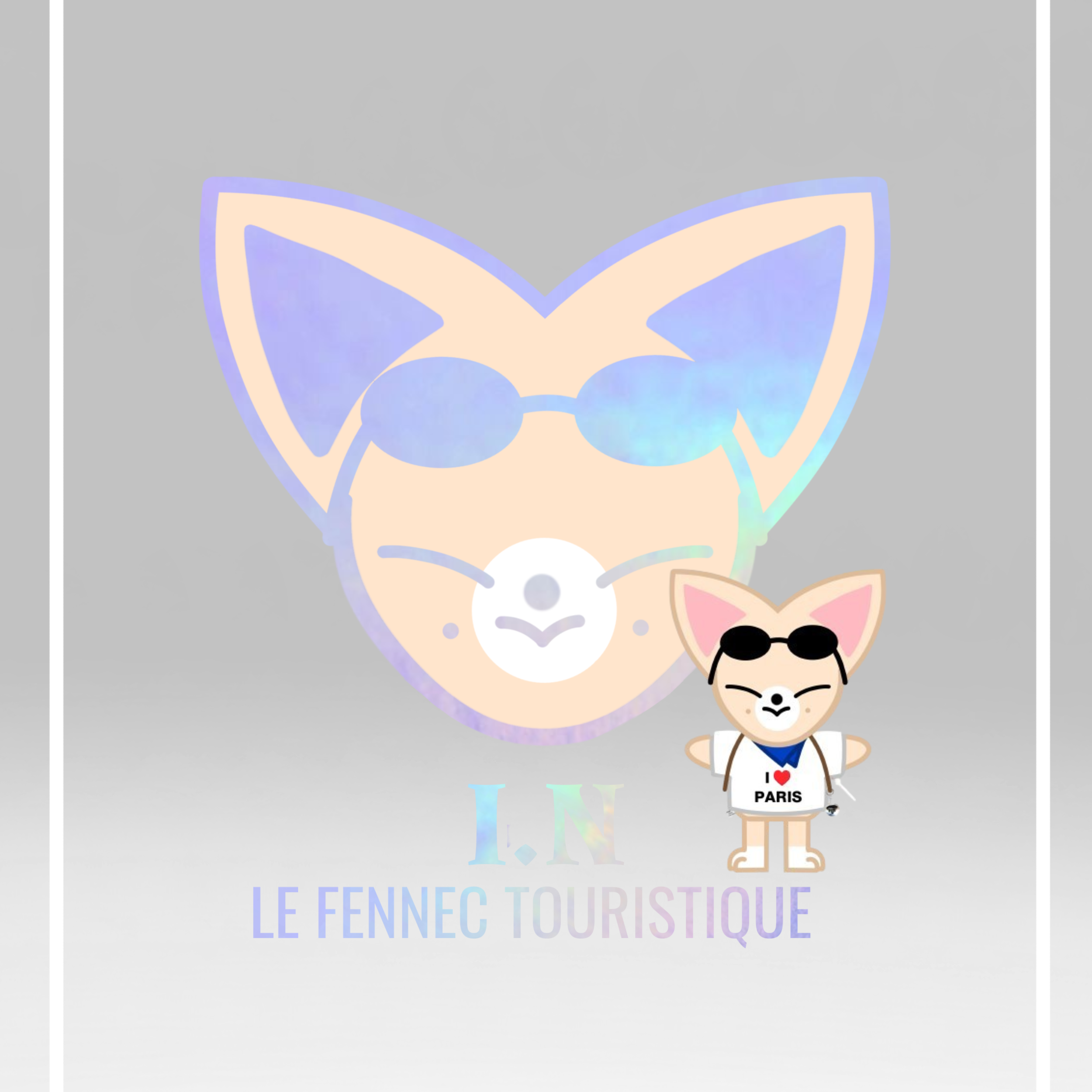 Affiche promotionnelle pour le FENEC Touristique, mettant en vedette un dessin d'une tête d'animal stylisée avec des oreilles de renard, un visage avec des lunettes, et un petit personnage avec un sac à dos portant un t-shirt "J'aime Paris". Le fond est gris avec du texte en français.