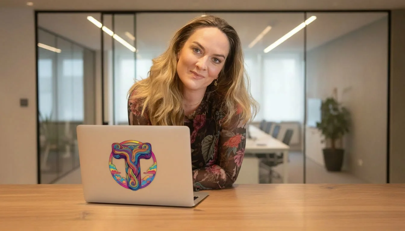 Marjolein Touquet, freelance brand manager FMCG, werkt aan merkplanning op laptop met Touquet TwisT-logo