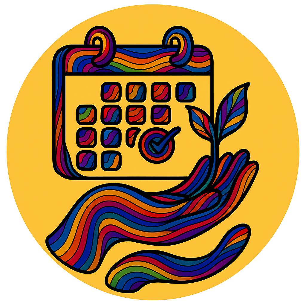 Colorful psychedelic calendar icon with hand and sprouting leaf, symbolizing interim brand management, maternity leave cover, and burnout replacement by Touquet Twist consultancy in Flanders and Amsterdam.