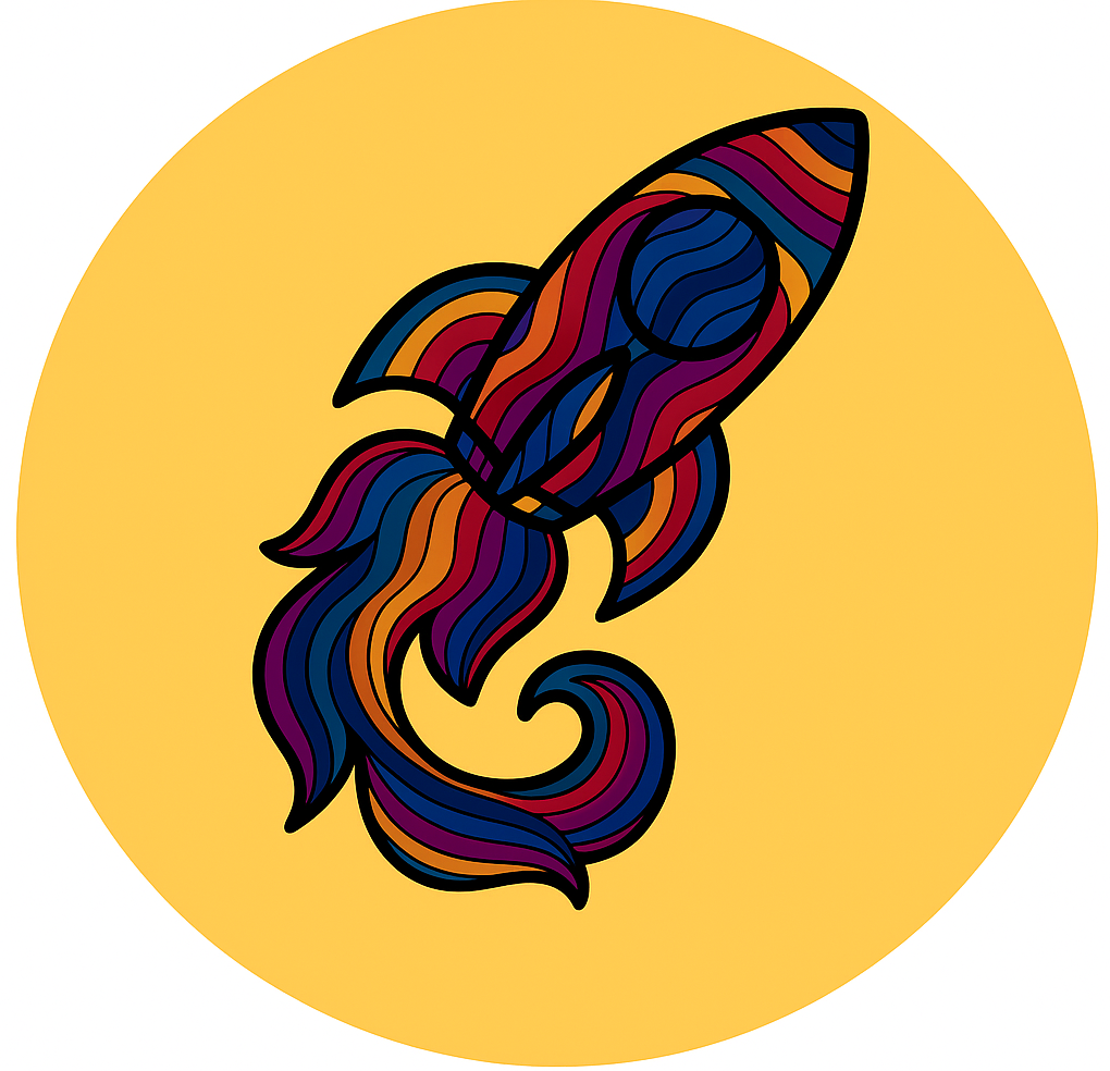 Psychedelic rocket icon symbolizing innovation, go-to-market strategy, and bold brand launches — Touquet Twist interim brand consultancy ad interim.