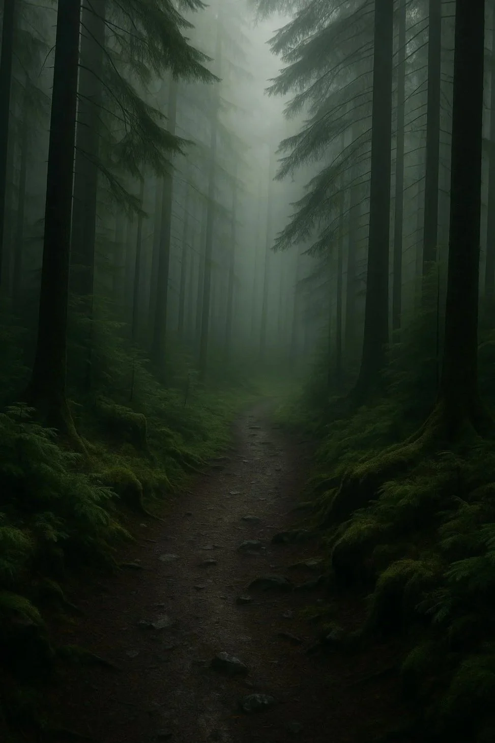 A foggy forest path lined with tall pine trees and moss-covered ground, creating a mysterious atmosphere.