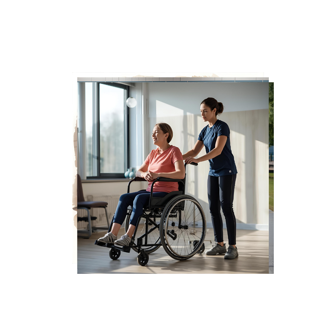 A woman in a wheelchair, smiling, being assisted by a caregiver in a therapy or rehabilitation setting with large windows letting in natural light.
