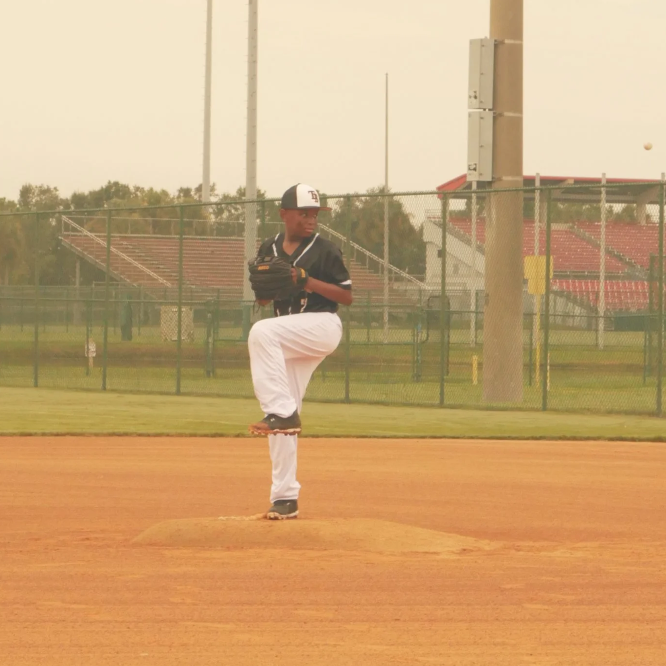 A young baseball player on the field in a pitching stance, wearing a black jersey, white pants, and a baseball cap.