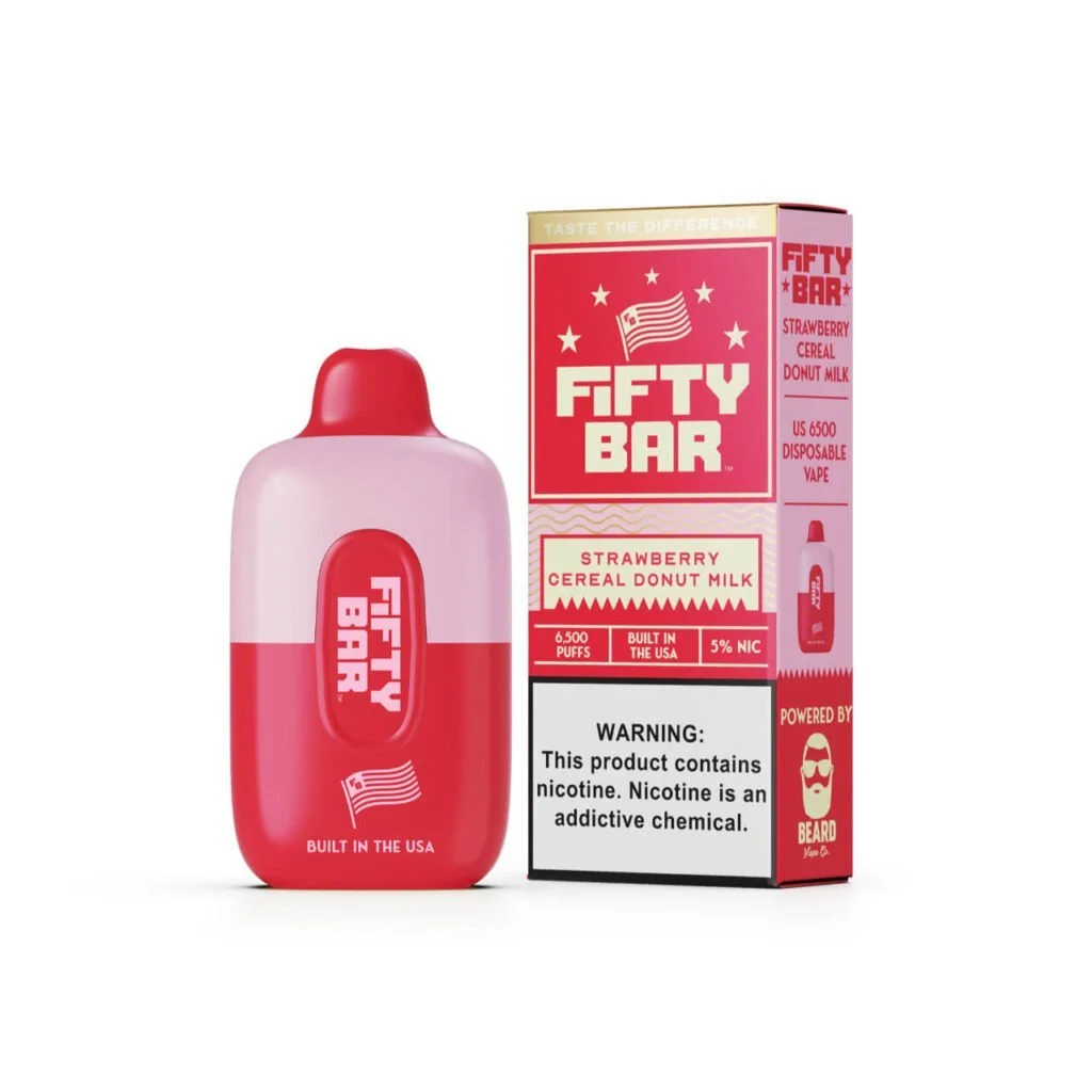 A smoke vape device resembling a strawberry-flavored milk carton next to its packaging box labeled 'Fifty Bar Strawberry Cereal Donut Milk.' The box features patriotic American themes with stars and flags and includes warnings about nicotine content.
