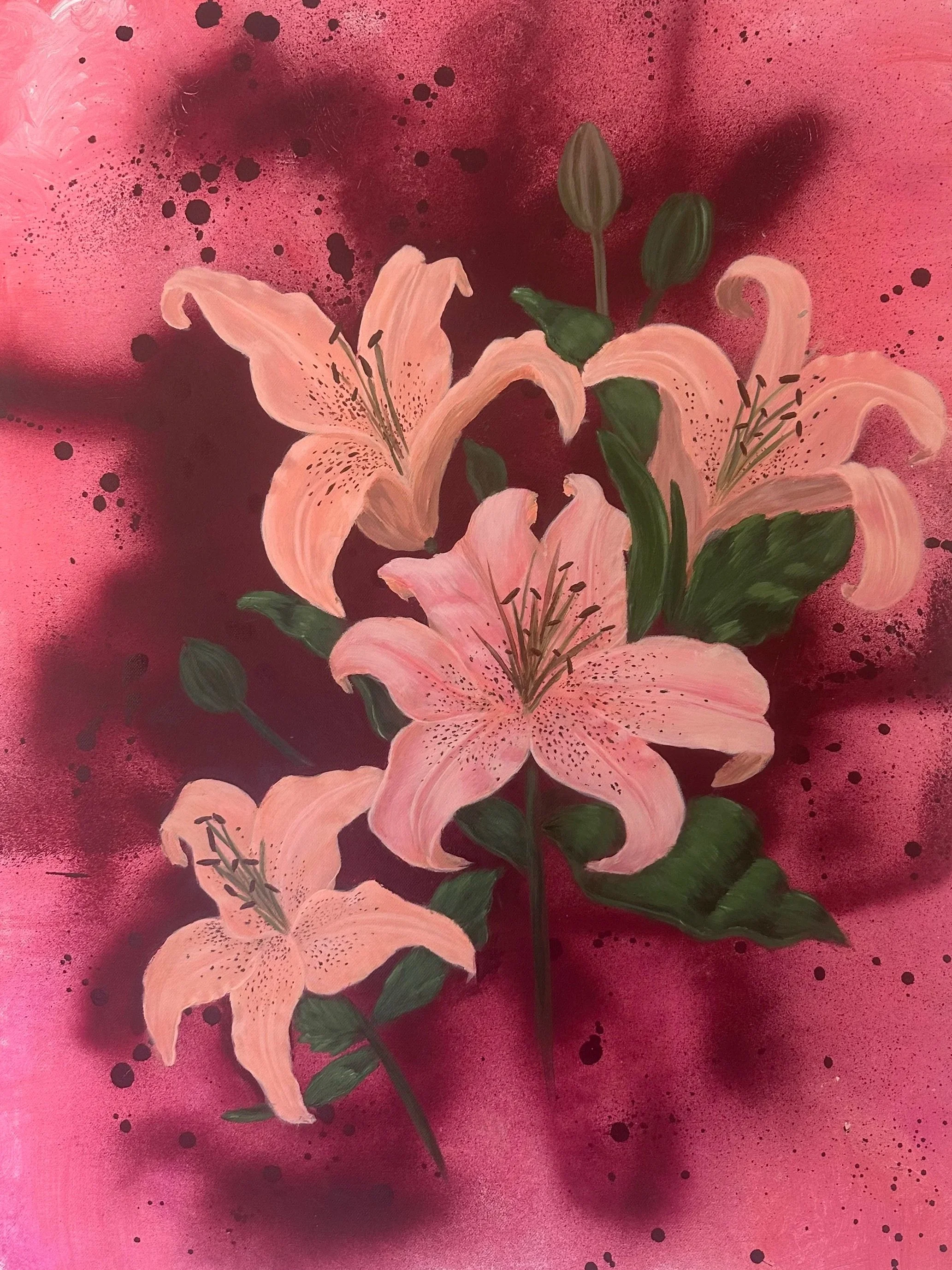 Painting of pink lilies with green leaves against a pink and burgundy spray painted background.