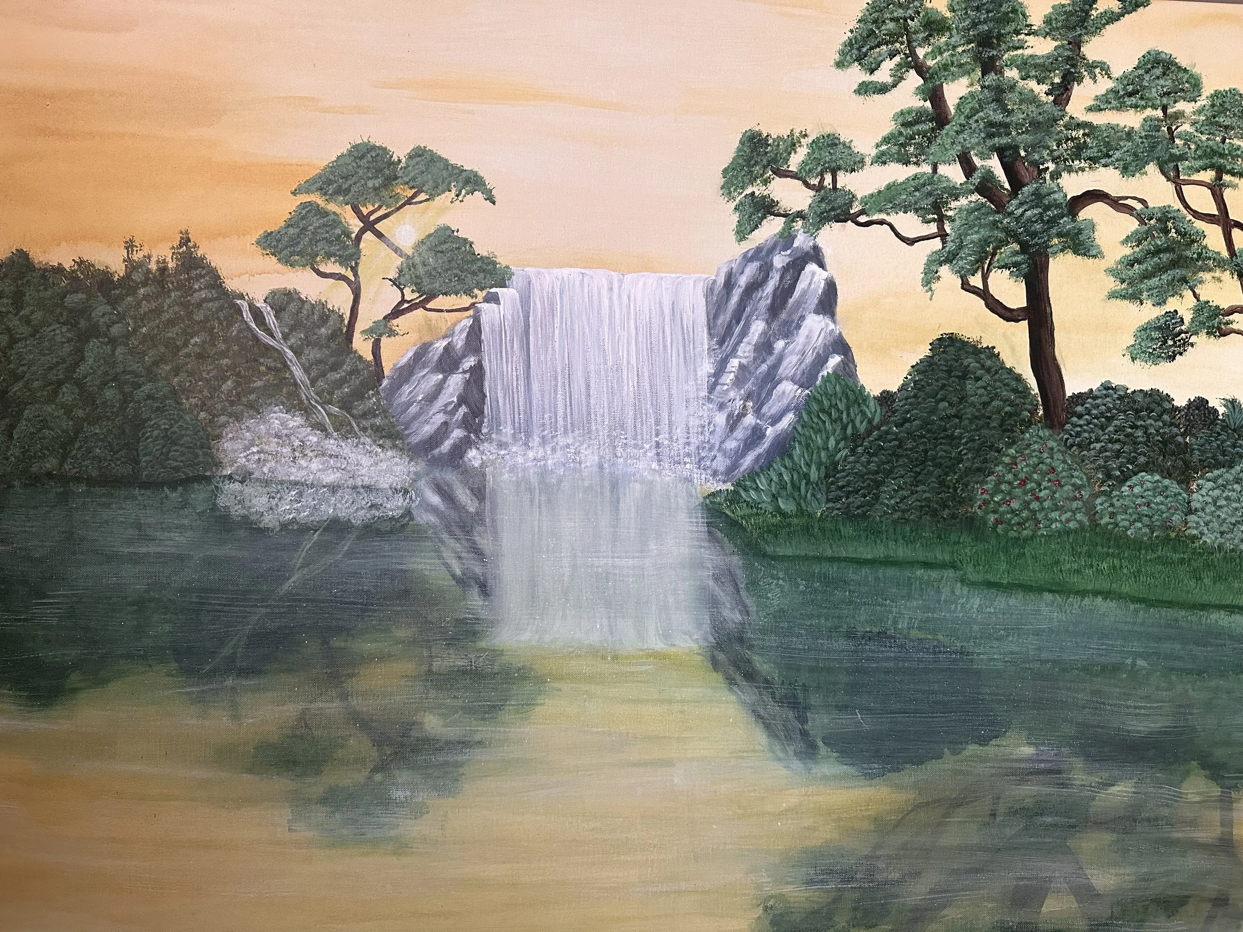 A painting of a serene landscape featuring a waterfall flowing into a calm lake, surrounded by lush green trees and bushes, with a soft warm sky in the background.