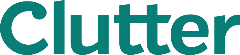 Close-up of the word 'clutter' in teal-colored bold letters on a black background.