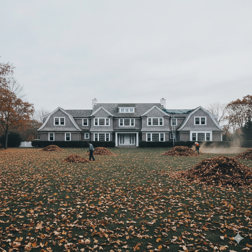 A large grey house with white trims and multiple windows, surrounded by trees with autumn leaves. Workers are raking and collecting fallen leaves in the yard.