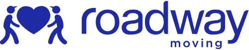 Logo of 'Roadway Moving' with two blue stick figures holding a heart