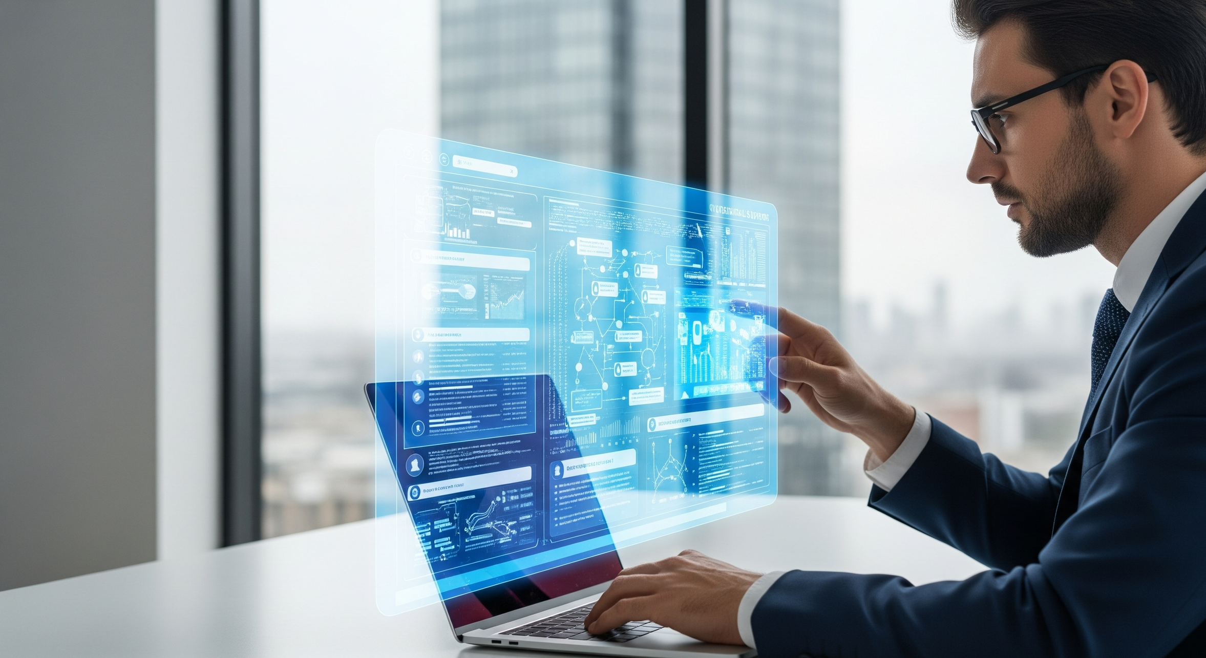 A man in a business suit with glasses interacts with a transparent digital interface over a laptop, showing data charts and analytics in a high-rise office overlooking a city.