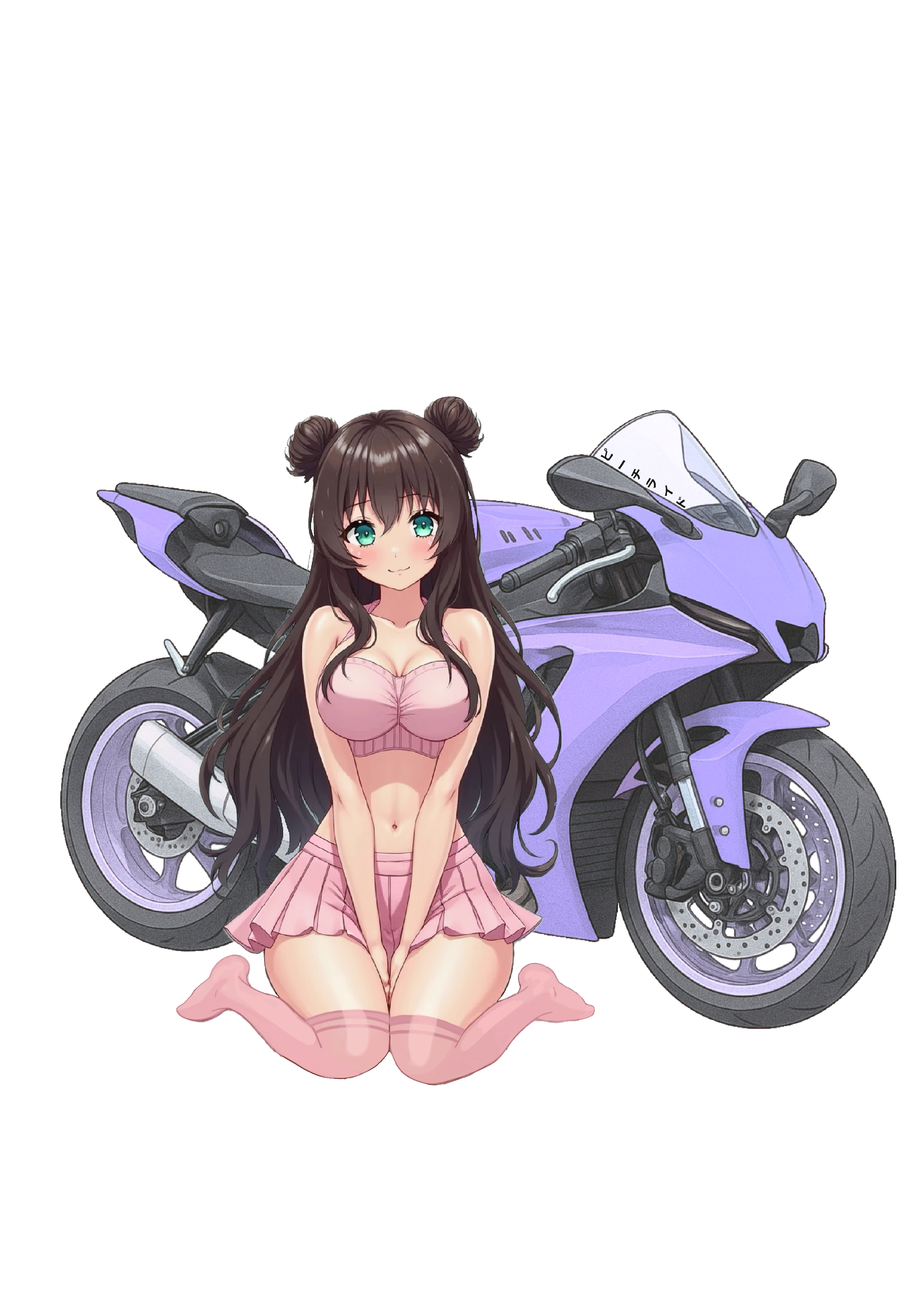 Anime-style girl with long brown hair and green eyes, kneeling in front of a purple sport motorcycle, wearing a pink top and matching skirt.