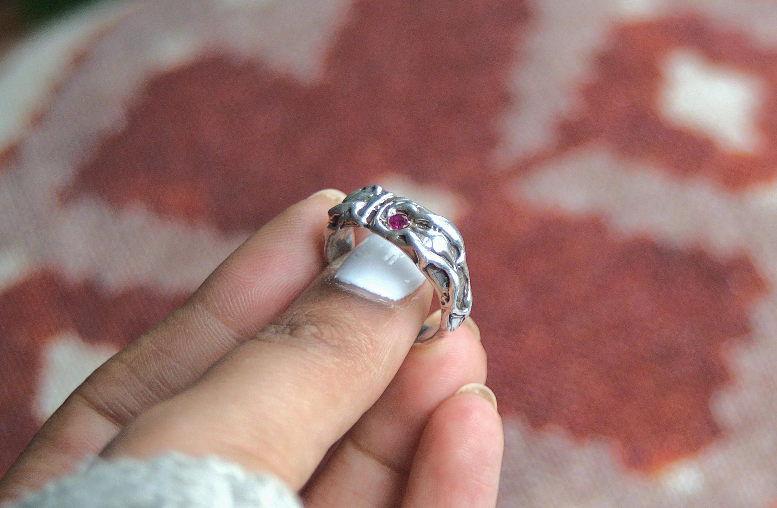 'Molten' Rectangle Signet with red stone setting