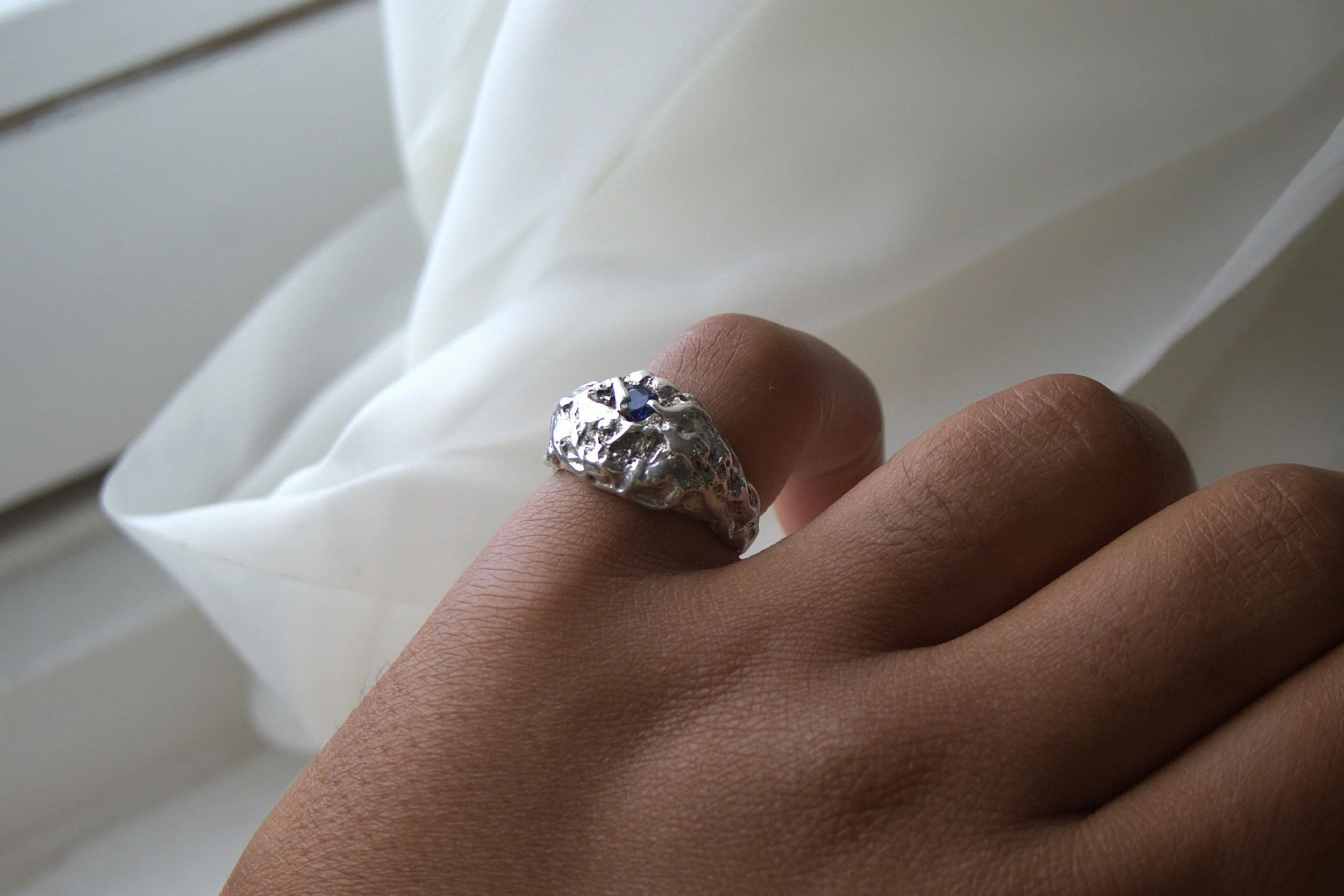 'Molten' Sterling Silver Signet with blue stone setting