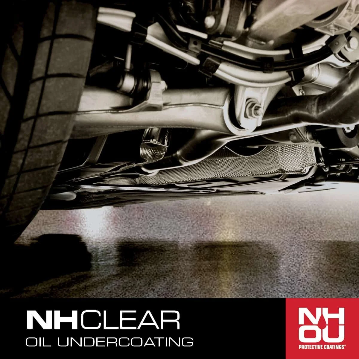 Close-up photo of a car's undercarriage showing various mechanical parts, pipes, and components, with a tire visible on the left side. The image is in black and white with a logo and text overlay at the bottom indicating 'NHCLear Oil Undercoating' and 'NHOU Protective Coatings'.