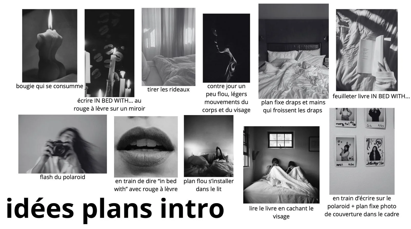 Une série de plusieurs images en noir et blanc illustrant différentes idées pour un plan d'introduction à un livre ou un projet, avec des objets et des scènes évoquant la détente et la lecture dans un cadre de chambre à coucher.