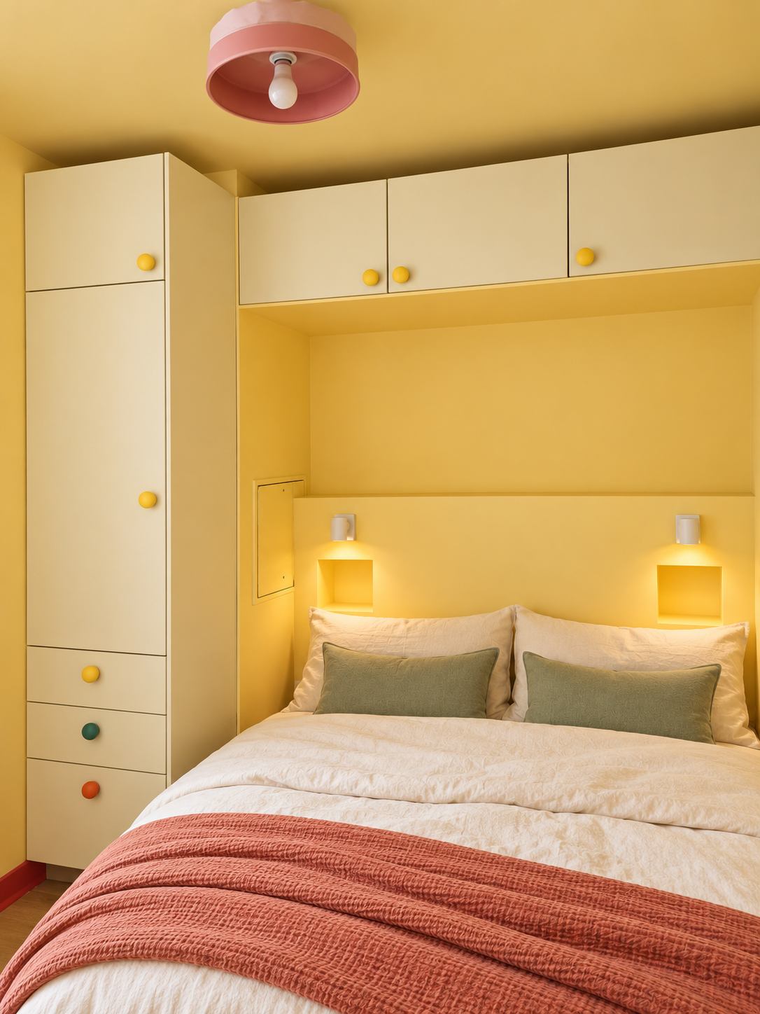 Chambre lumineuse, lit crème dans alcôve jaune.png