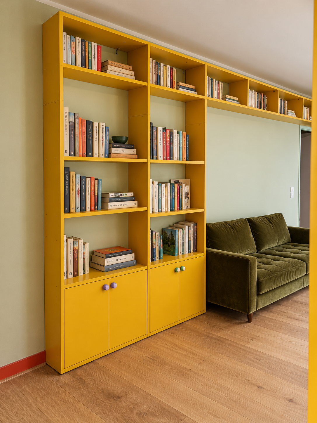 Bibliothèque jaune, canapé vert olive.png