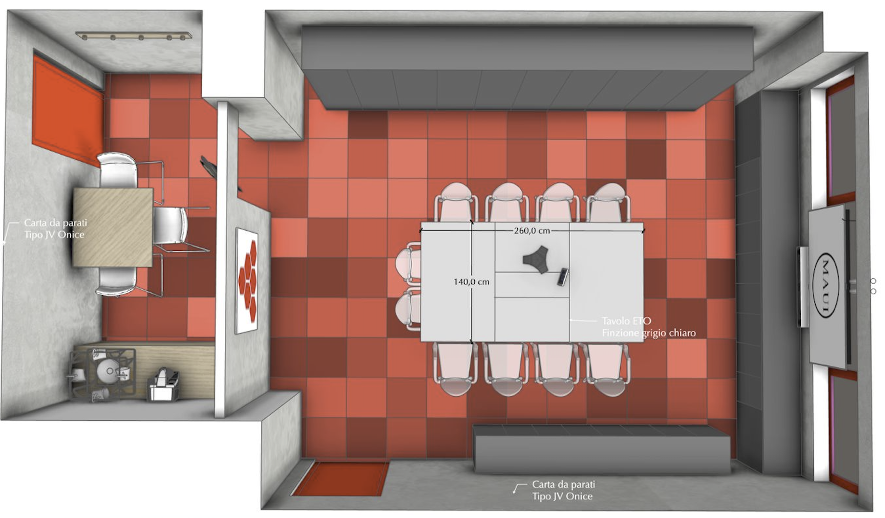 Render sala riunioni vista dall'alto