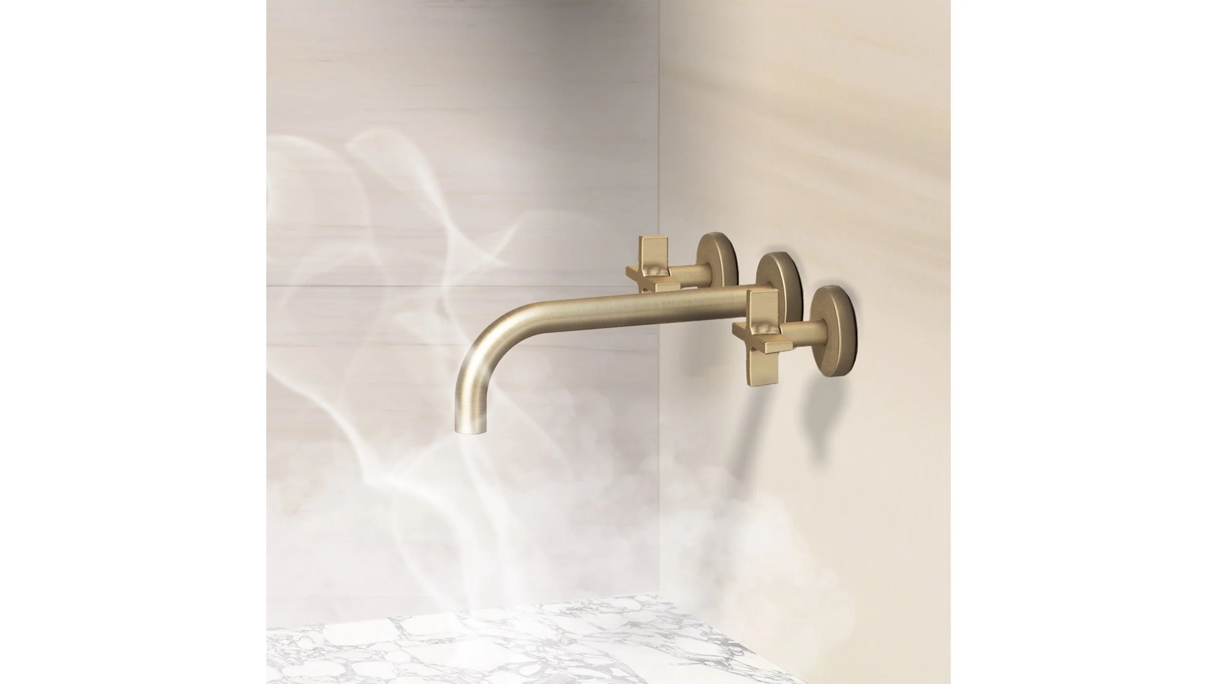 Brass wall-mounted faucet with steam or mist coming from the spout, installed above a marble countertop.