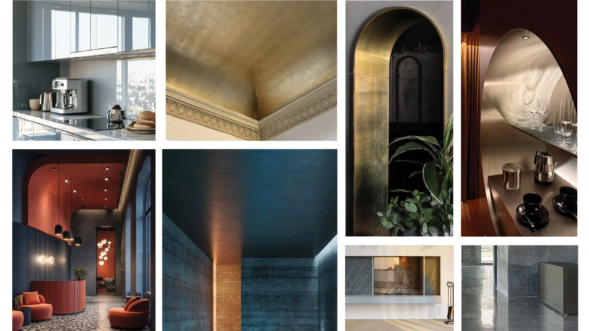 Collage of interior design elements including a modern kitchen with dark cabinets and a black sink, a dining area with a green cabinet, beige and wood textures, a lounge chair, abstract shapes, and architectural drawings.