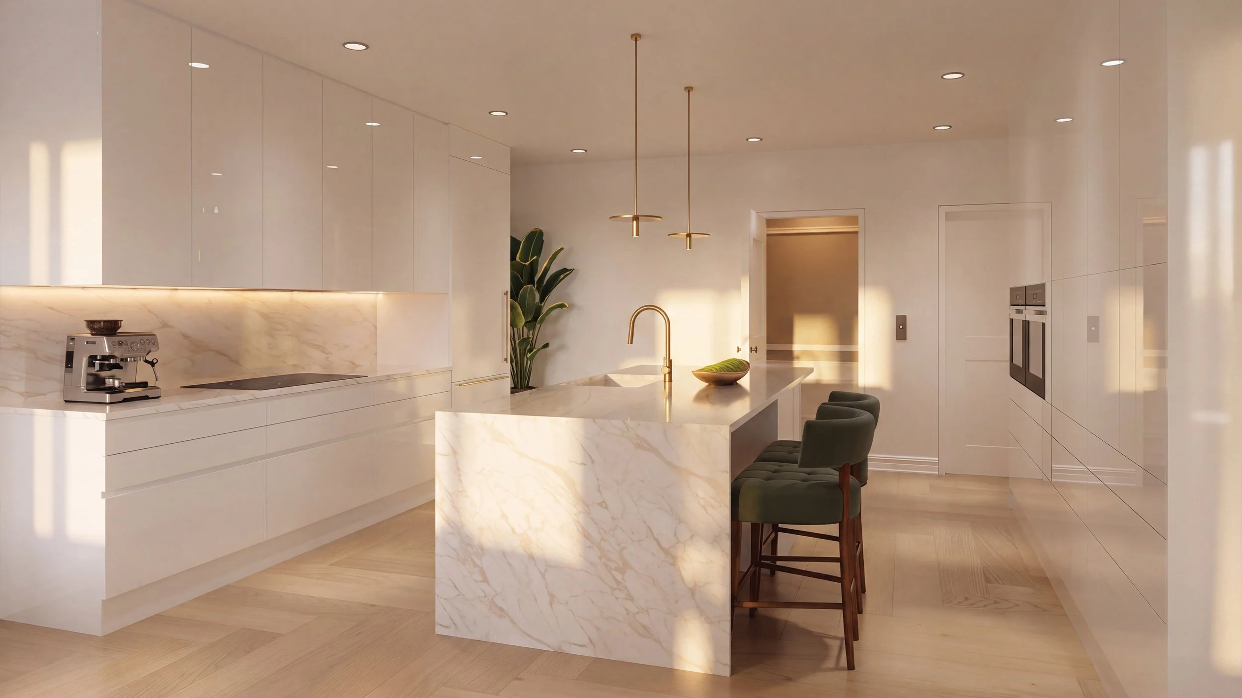 Modern kitchen with white island, wooden cabinets, and built-in appliances, adjacent to a cozy living area with bookshelves and an armchair.