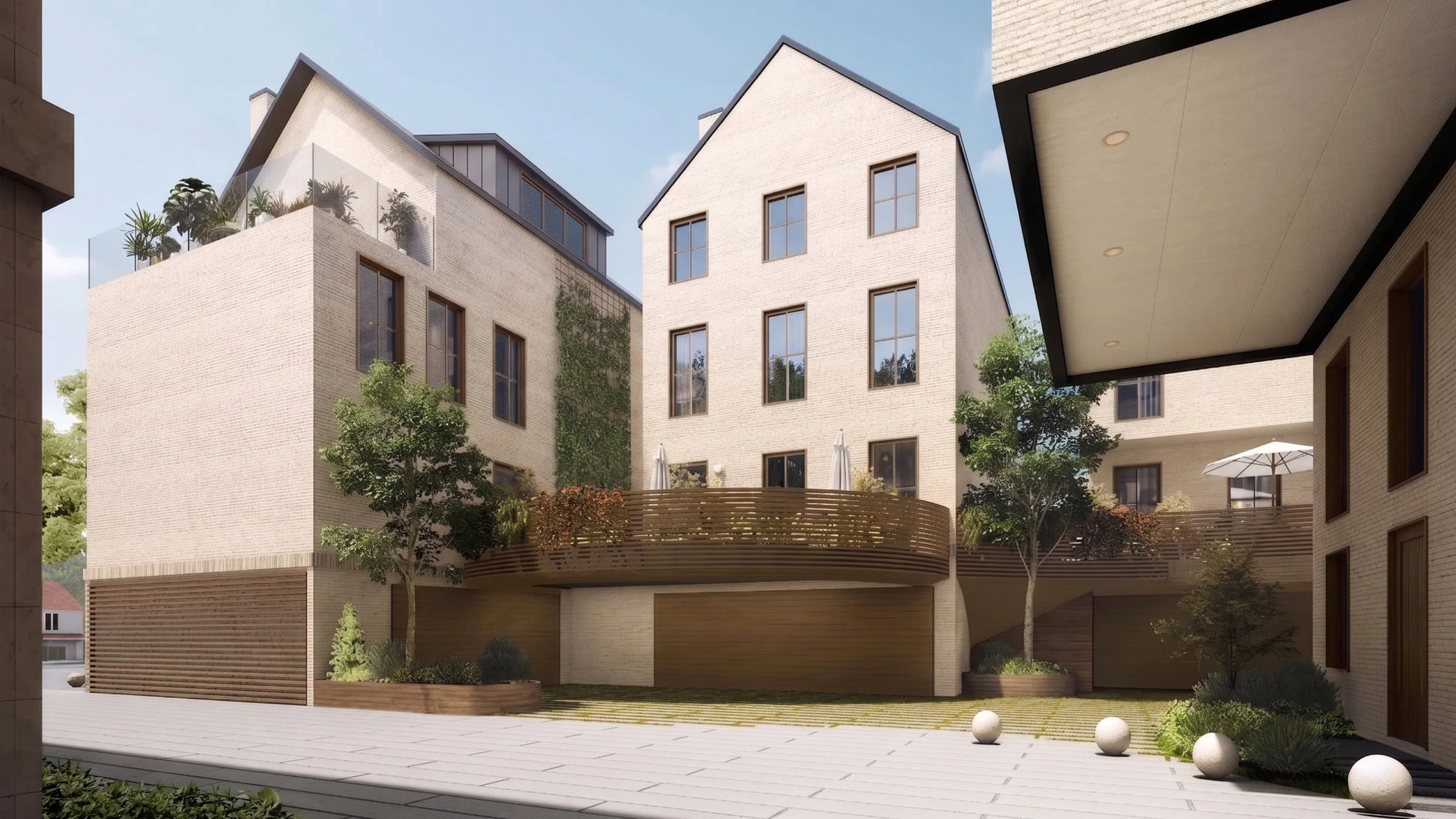 A modern courtyard surrounded by multi-story beige brick buildings with large windows, trees, and people walking, biking, and socializing.