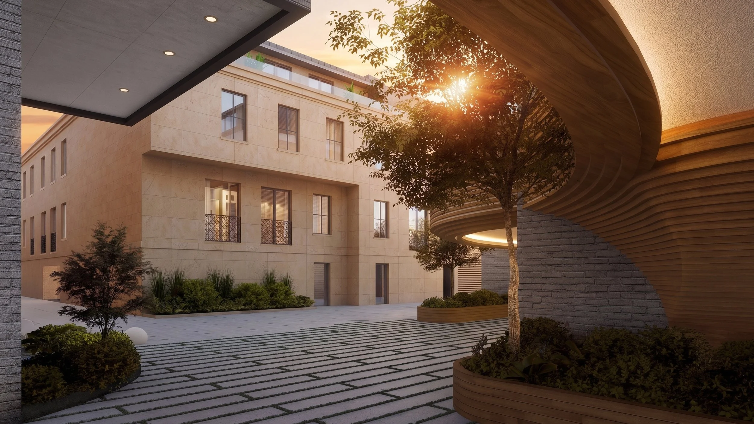 Rendering of a modern urban courtyard with trees, people talking, and a building in the background.