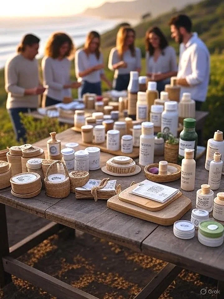 A group of people at an outdoor market or fair, looking at a table with various bottled products, possibly skincare or wellness items, near a beach with the sunset in the background.