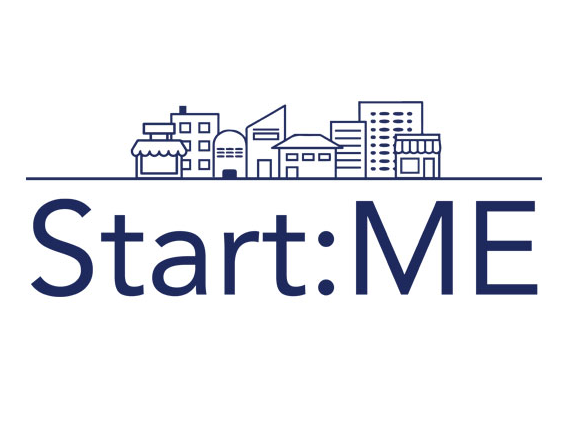 Simplified line drawing of a city skyline with various buildings above the text "Start:ME" in bold blue font.
