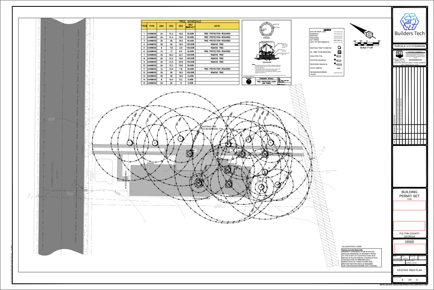 Landscape blueprint depicting a tree planting plan with circular zones, tree protection details, and a schedule, including an inset logo of Builders Tech.