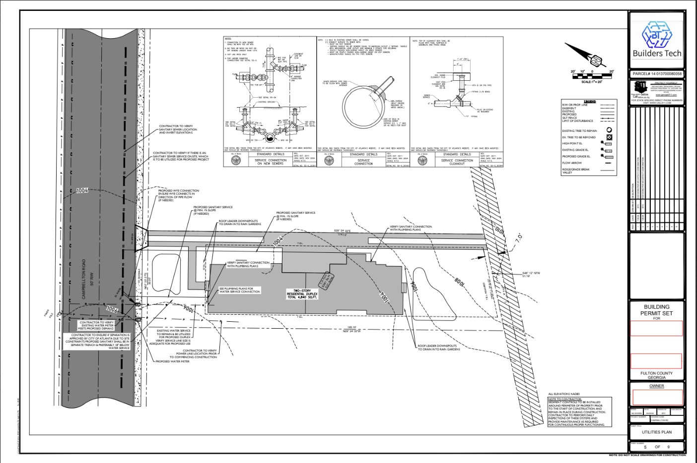A detailed construction engineering plan showing site layout, plumbing connections, water service, and building permit information for a residential property in Fulton County, Georgia.