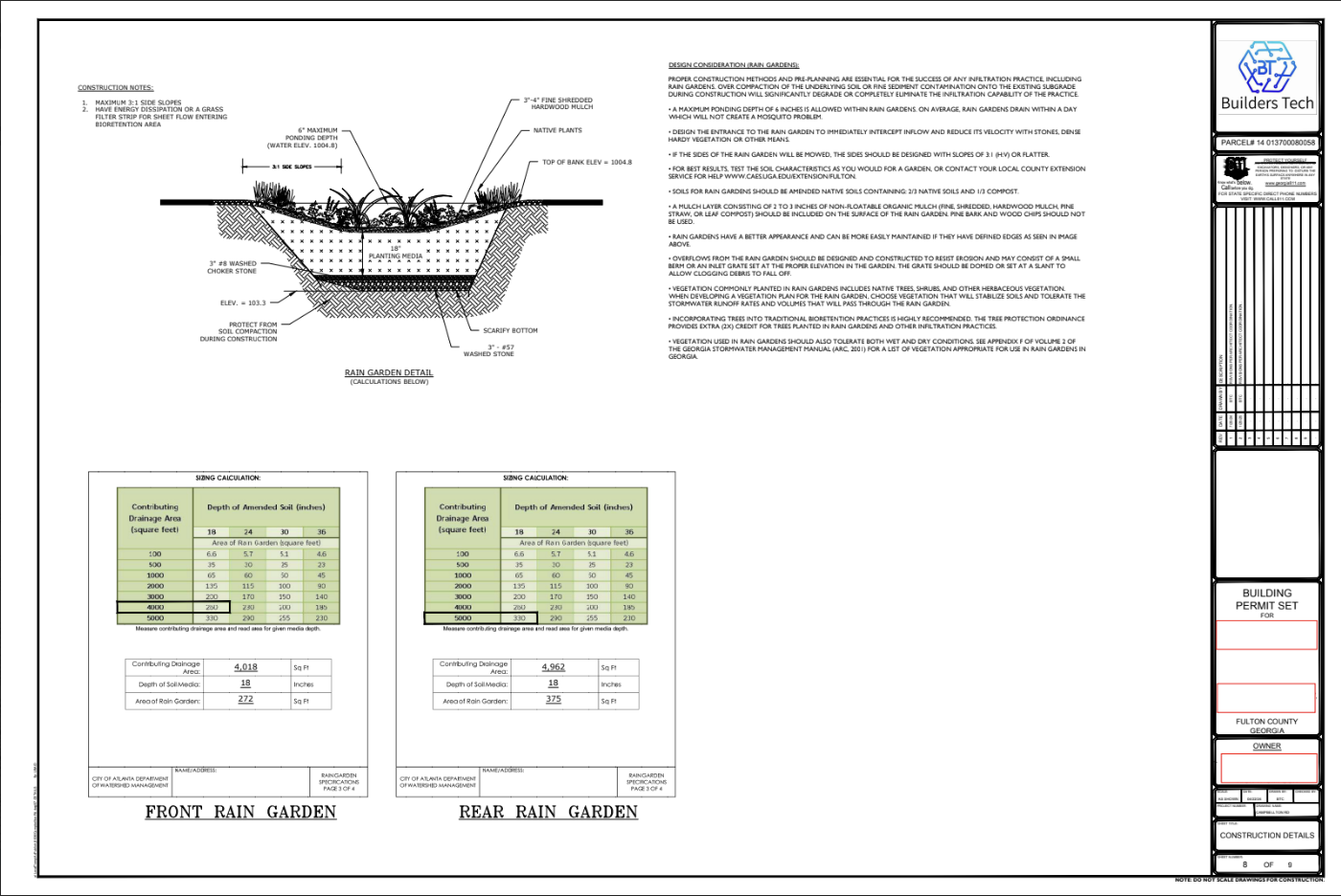 Construction plan for a rain garden showing cross-section, soil layering, native plants, and detailed specifications for front and rear rain gardens.