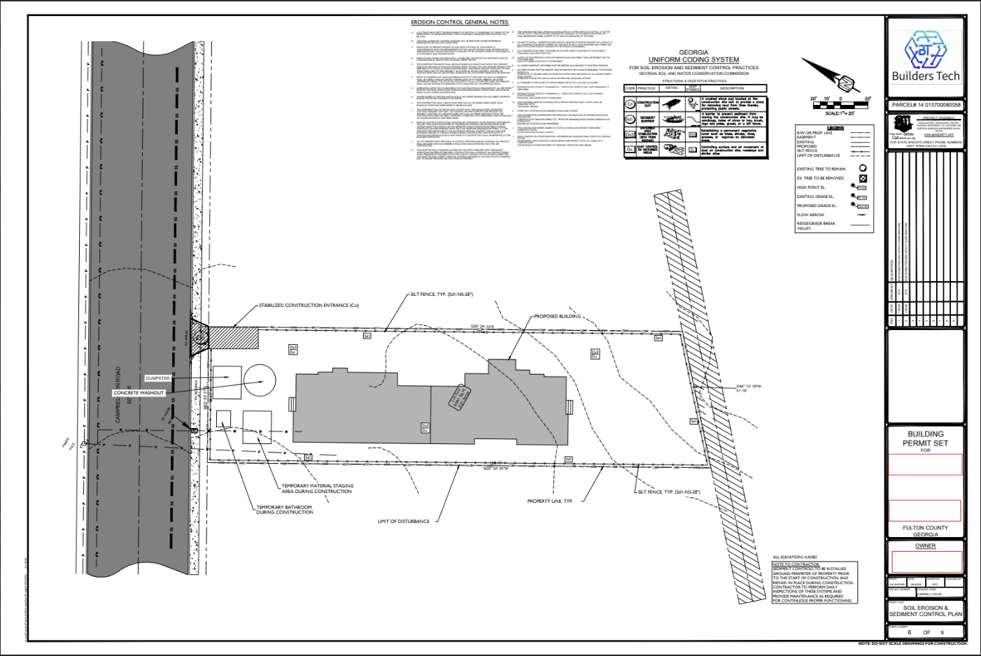 A detailed construction site plan showing existing and proposed structures, boundaries, and landscaping elements, with notes on erosion control and soil management.