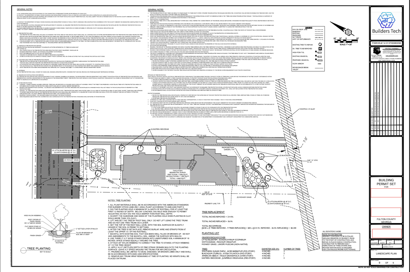 A detailed construction site plan with notes, tree planting instructions, a legend, and property details, including layout, trees, and landscaping features.