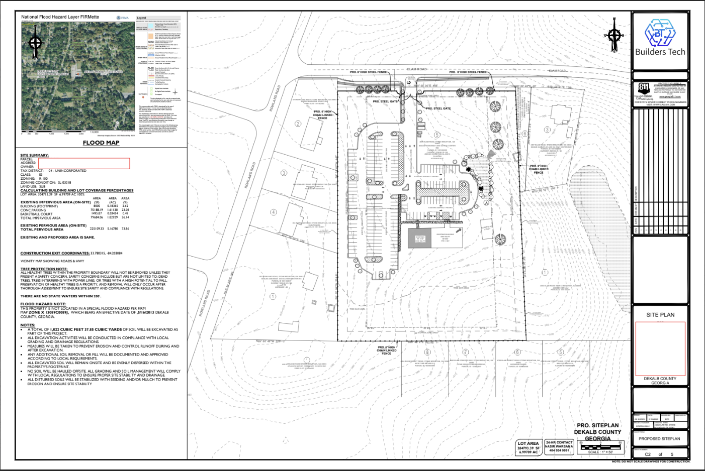 Flood map and site plan for a property in Dekalb County, Georgia, showing flood zones, building footprints, parking areas, and landscape features.