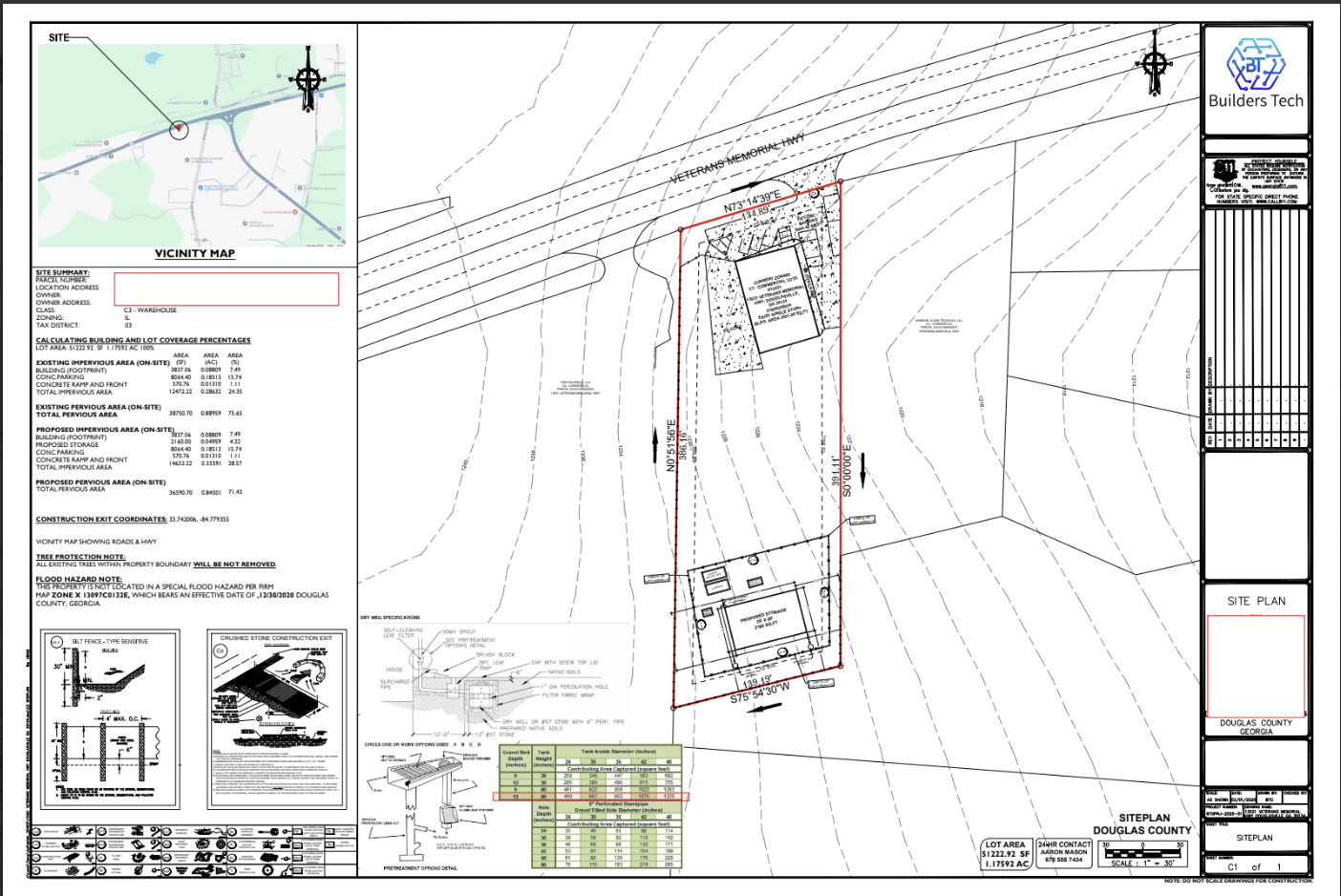 Site plan for a warehouse building development in Douglas County, Georgia. The layout includes property boundaries, building footprint, contour lines, and site details.