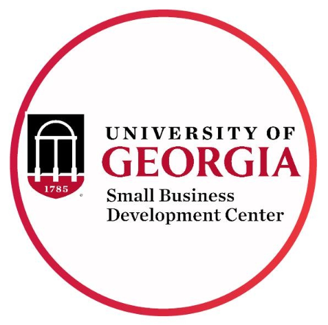 Logo of the University of Georgia Small Business Development Center, featuring a circular red border, an arch symbol, and text in black and red.