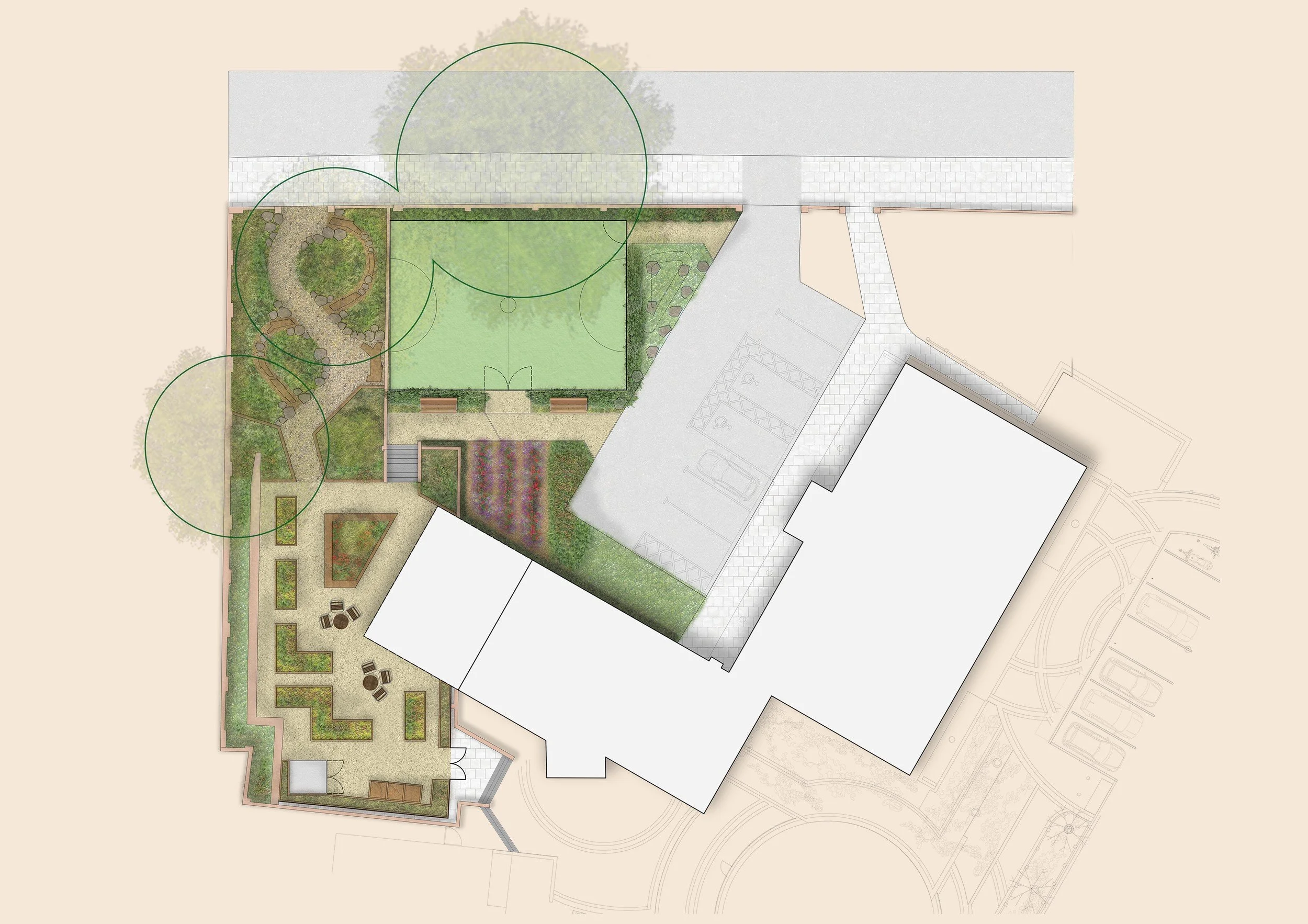 A detailed top-down view of a landscaped yard area with a grass field, pathways, benches, flower beds, and garden areas, adjacent to a building.