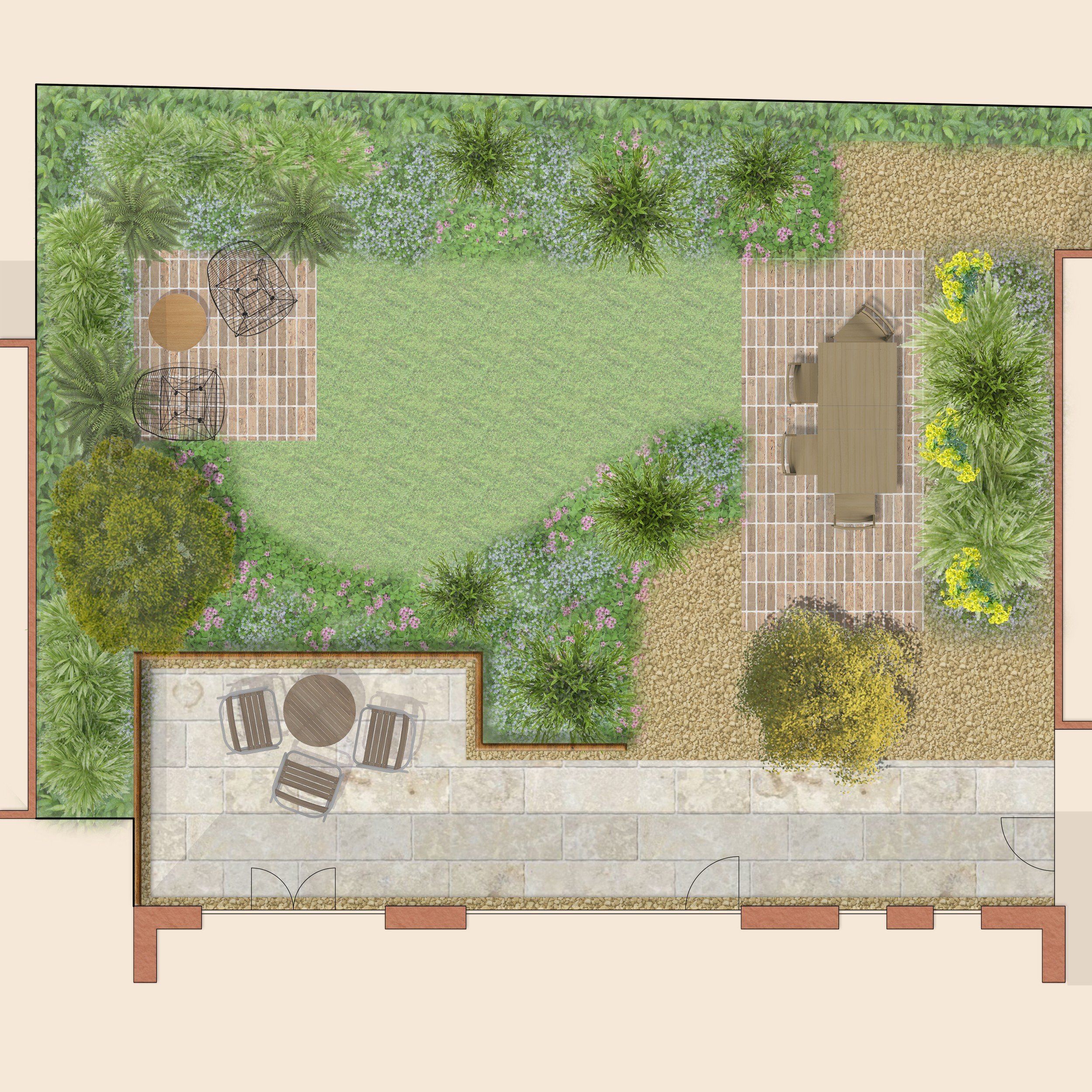 Top-down view of a backyard garden with a grassy lawn, flower beds, trees, a patio area with outdoor furniture, and a gravel pathway.