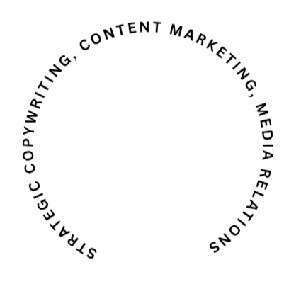 Text in a circular arrangement reading 'Strategic Copywriting, Content Marketing, Media Relations'.
