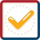 Yellow checkmark inside a circle with a star pattern background on a white and blue square plaque.