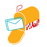 A stylized illustration of a pencil, an envelope, and a piece of paper with red and white patterns.