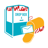 A blue drop box with a red and white American flag design, an envelope, and a yellow sealed package.