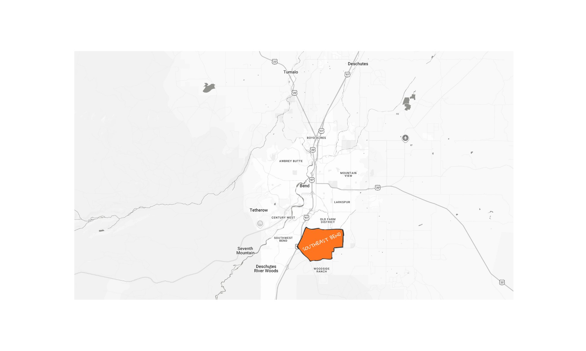 Map showing Southeast Bend highlighted in orange with surrounding areas in light gray, including cities like Tumalo, Deschutes, and Bend.