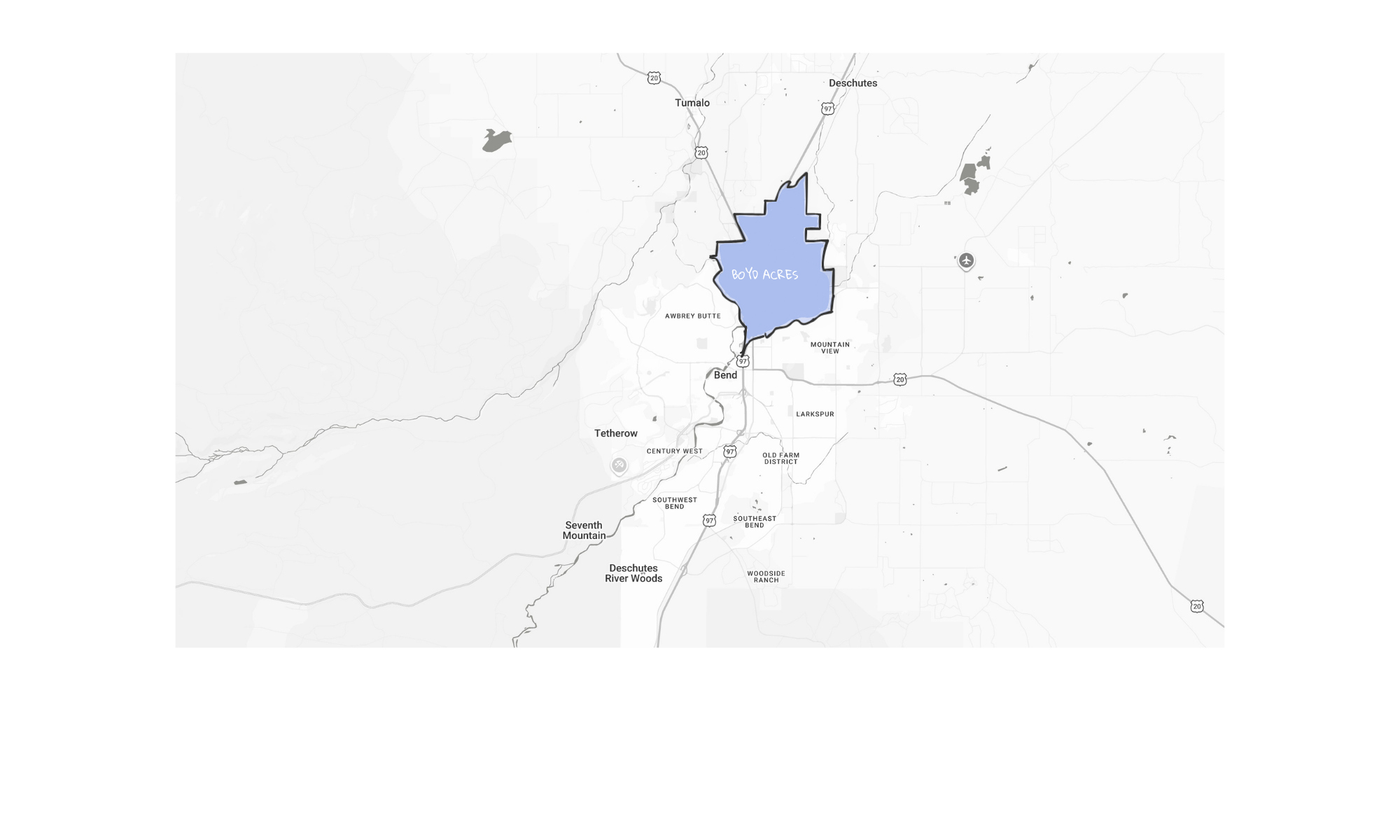 Map showing the location of Boyo Acres, highlighted in blue, near Bend, Oregon, with surrounding cities and highways.