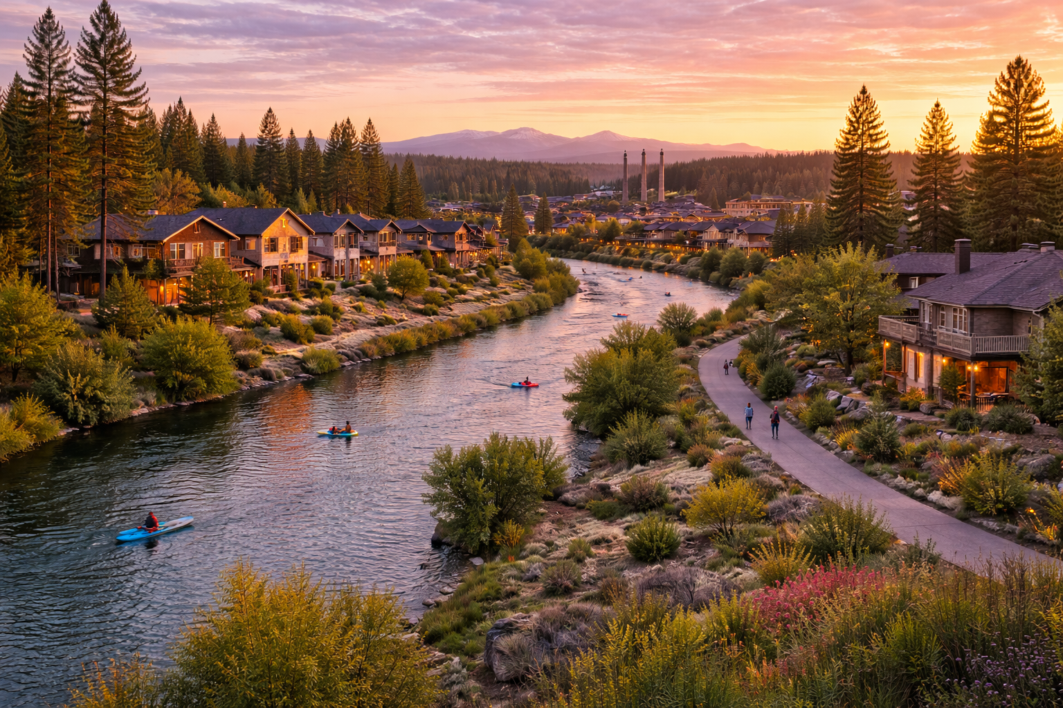A scenic view of a river with kayakers during sunset, surrounded by houses, lush trees, and distant mountains.